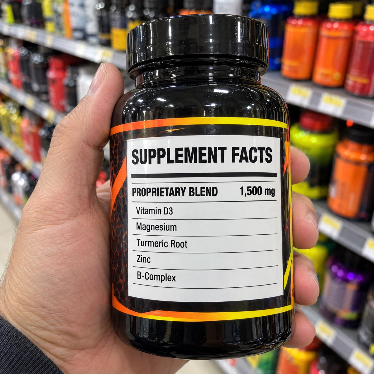 The back of a flashy supplement bottle in a store aisle. The label says Proprietary Blend 1,500 mg with no amounts next to any ingredient.