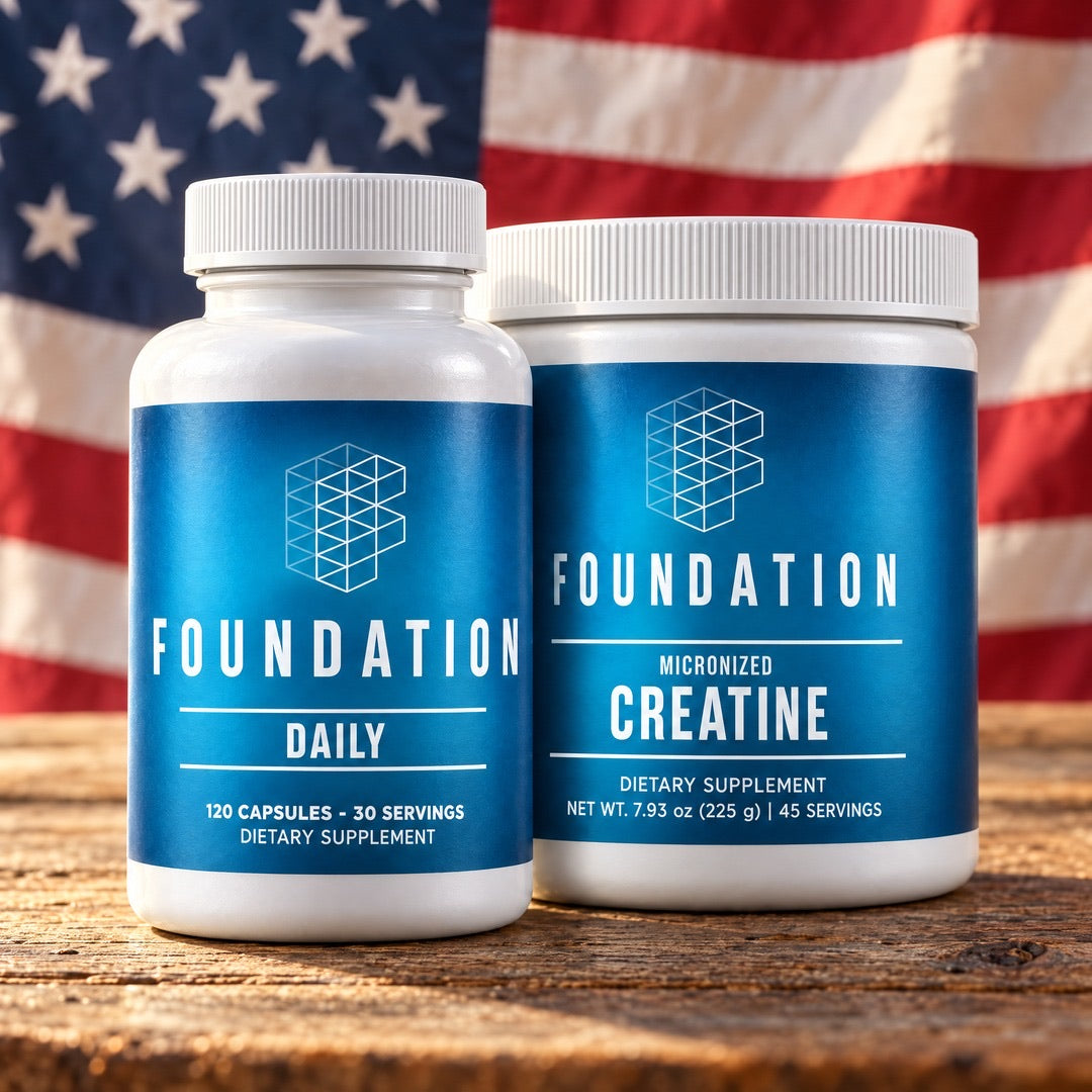 Foundation Daily and Foundation Creatine in front of an American flag