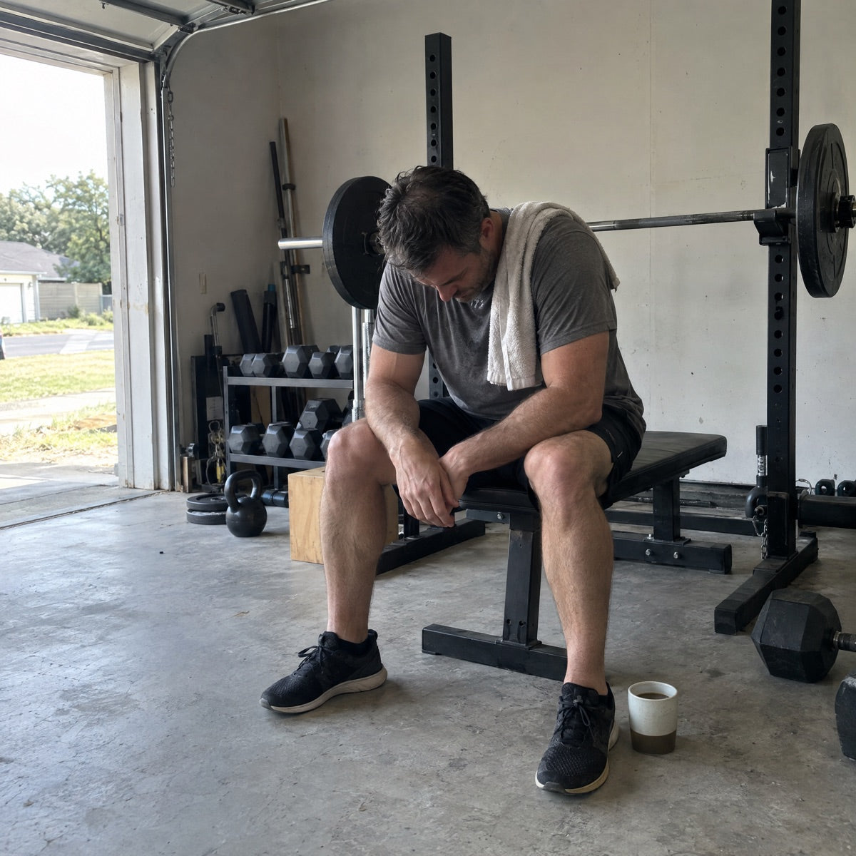 A man worn out on a weight bench in his garage gym