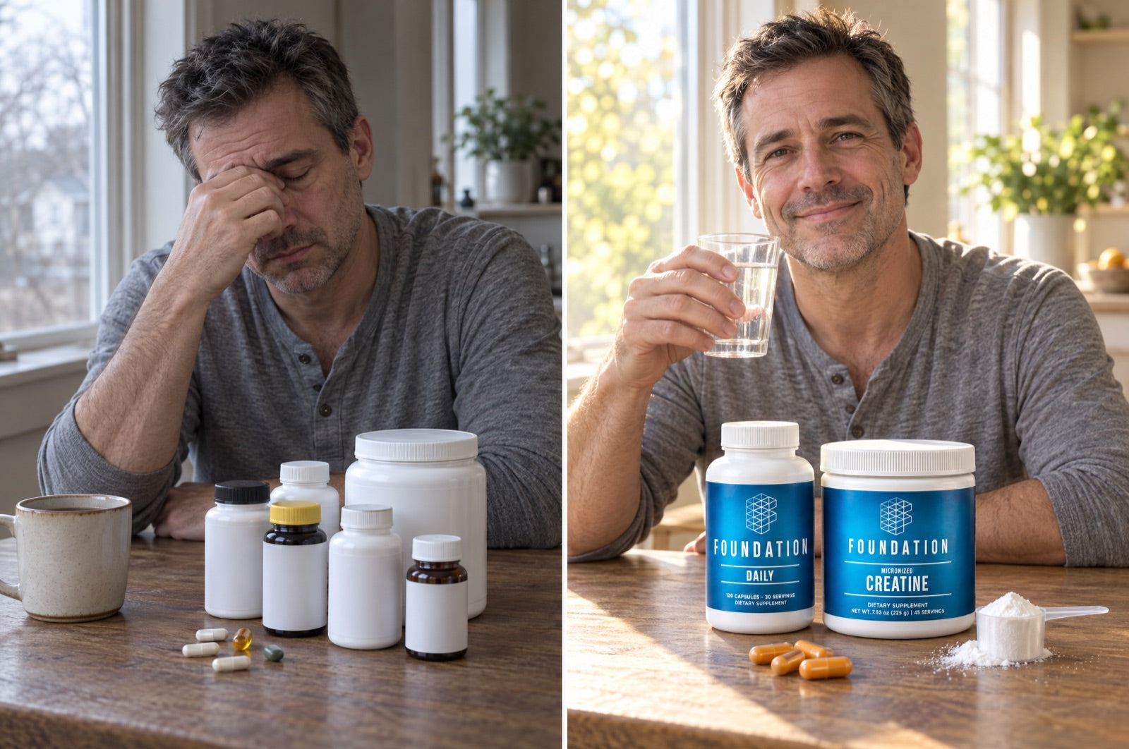 Before: a tired man with a table full of supplement bottles. After: the same man smiling with Foundation Daily and Foundation Creatine.
